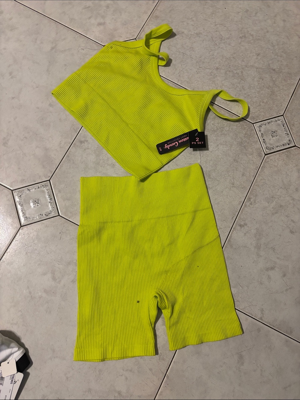 Cotton Candy Neon Yellow Ribbed Athletic Shorts Set